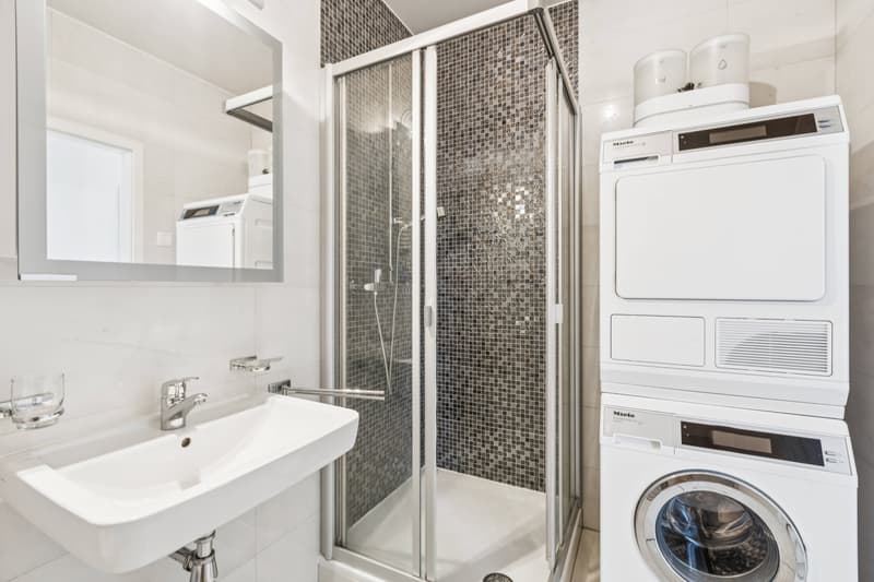 Une salle de douche avec espace buanderie