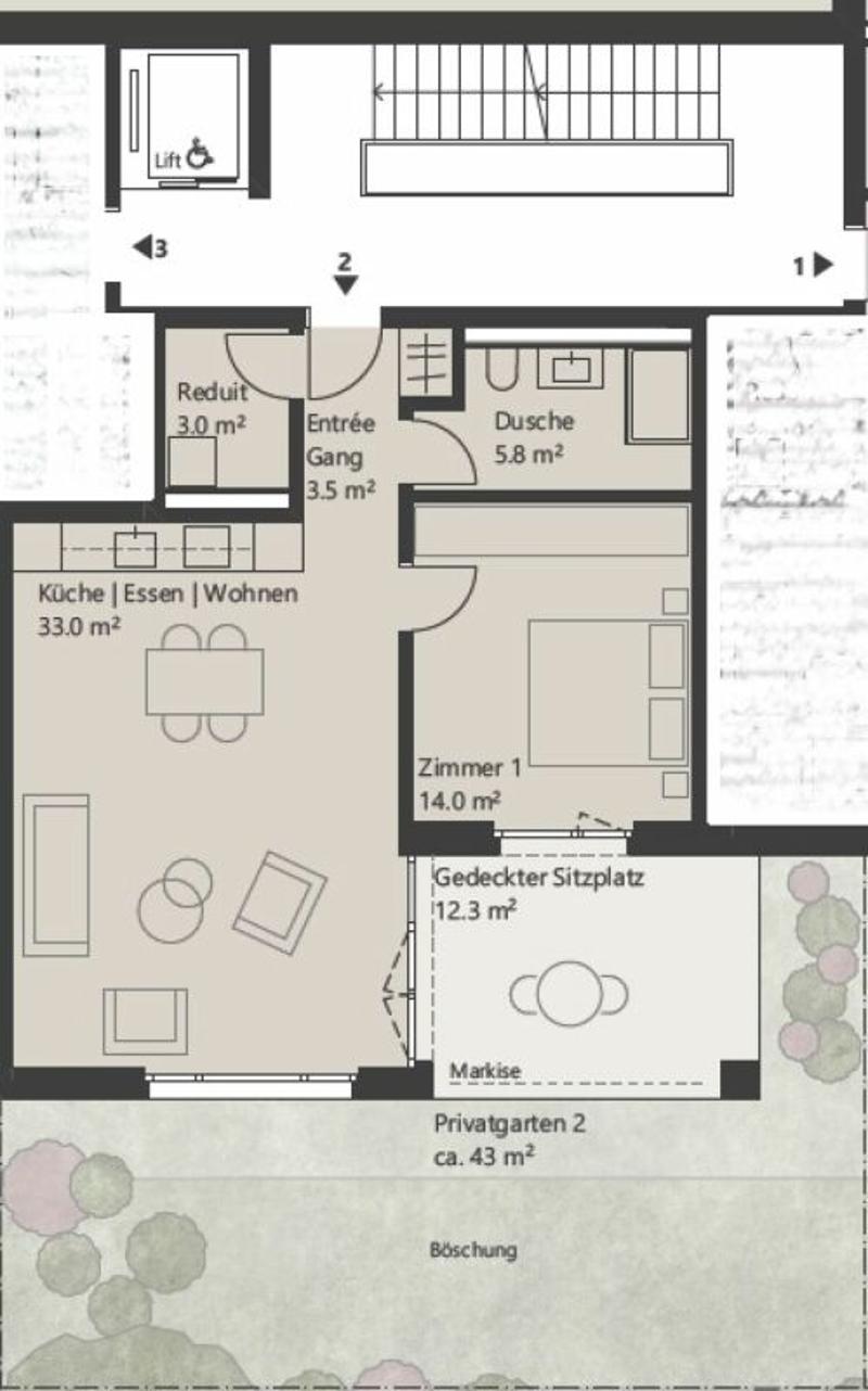 2.5-Zimmer-Gartenwohnung - UNTERDORF MÖNTHAL - Zeitgemässe Architektur mitten im Grünen (3)