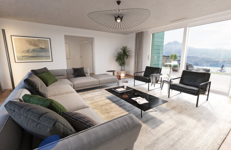 large gray sofa, coffee table, two armchairs, large windows with view of mountains, ceiling lamp, rug