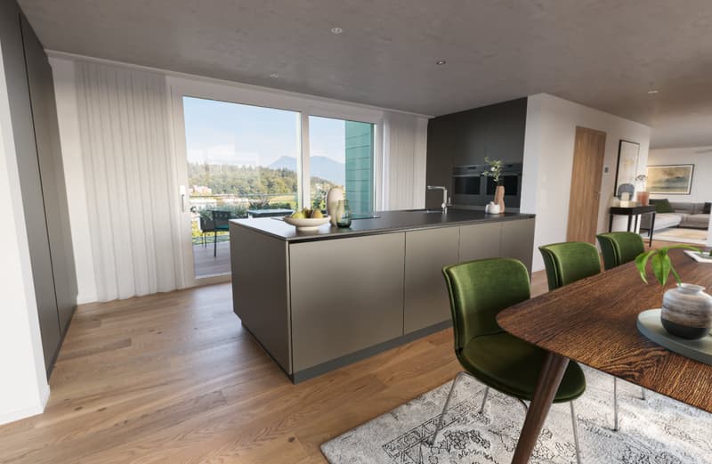 Modern kitchen with a large island, wooden floors, large windows with a view of the terrace, white curtains, and modern appliances.