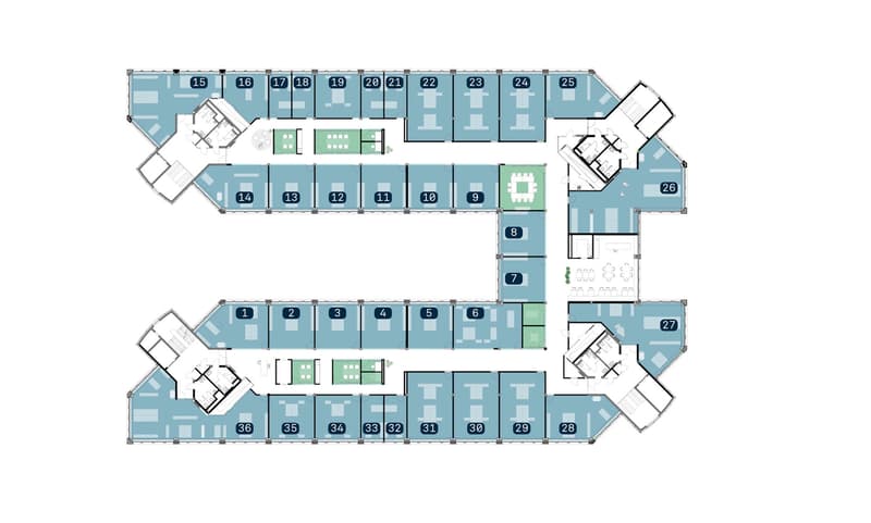 Légende : bleu &61; bureaux | vert &61; salles de réunion