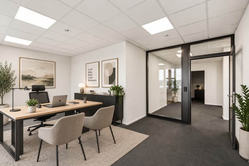 Einzelbüro mit Glasfront virtuell möbliert