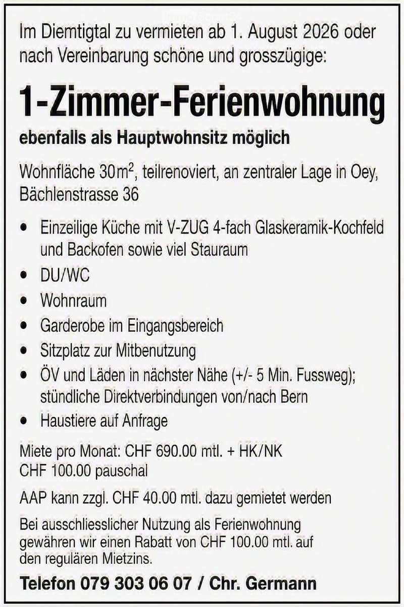 Spacious 1-room holiday apartment / studio in Diemtigtal (1)