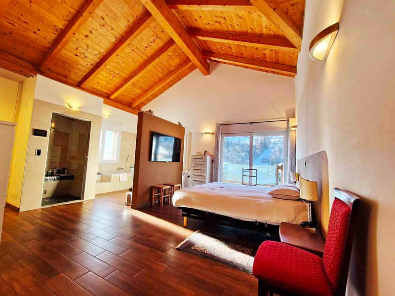 wooden bed, bathroom attached, wooden ceiling, large windows