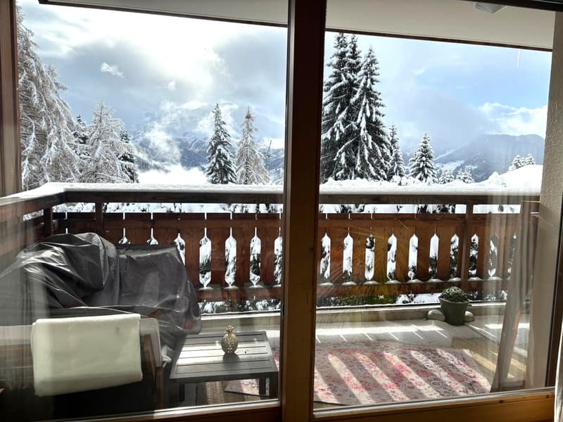 Furniture including a table and a rug on the terrace, a couch covered with a protective sheet, glass door and railings.
