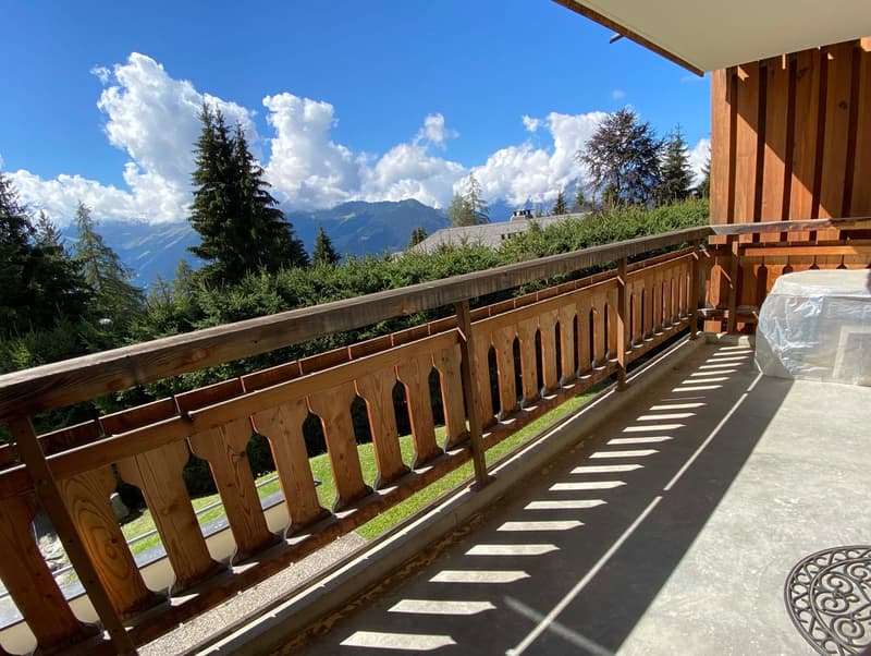 Balcony with wooden railing, view of trees and mountains