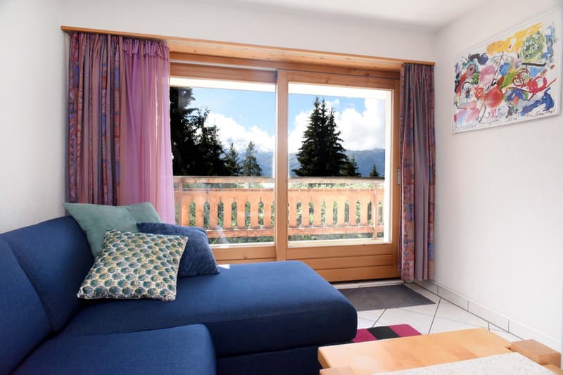 Blue sofa with cushions, sliding glass door with wooden railing, picture on wall, wooden coffee table, tile floor, view of mountains