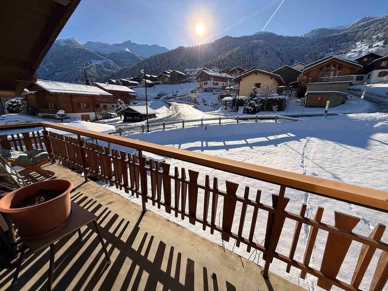 Terrace with fence, snowy mountain view, wooden table, and a large potted plant.