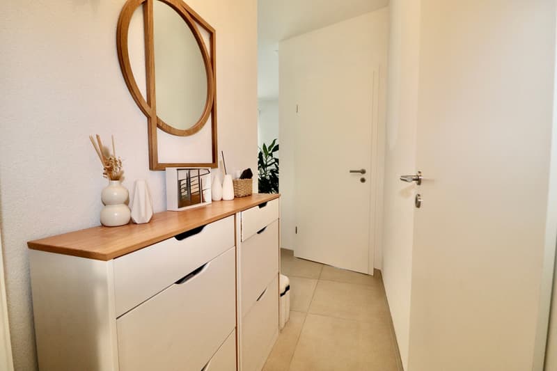 white drawers, mirror, plant, hallway