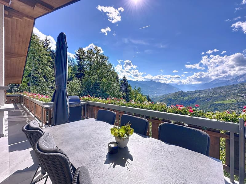 Large wooden table with 6 chairs, plant, cup, closed umbrella, grill, wooden railings, flowers, mountains