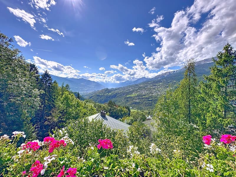 Beautiful garden with a variety of flowers, including pink, white, and other colors, surrounded by trees and greenery. The garden is located at a higher elevation with a view of the mountains and cloudy sky.