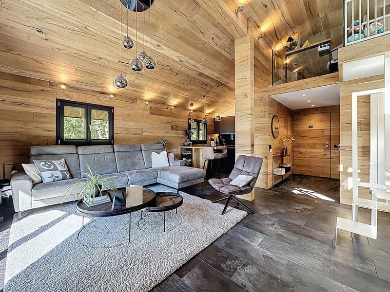 wood walls, rug, couch, wooden table, armchair, plants