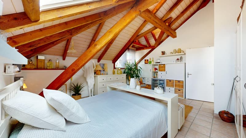 bedroom with wooden roof beams, white bedding, white furniture, plants, closet, white tiles