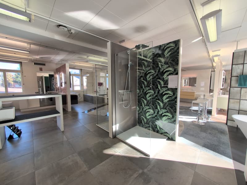 Glass walk-in shower, white tiled floor, glass wall, light fixtures, white table with a black countertop, white bathtub, green wall print