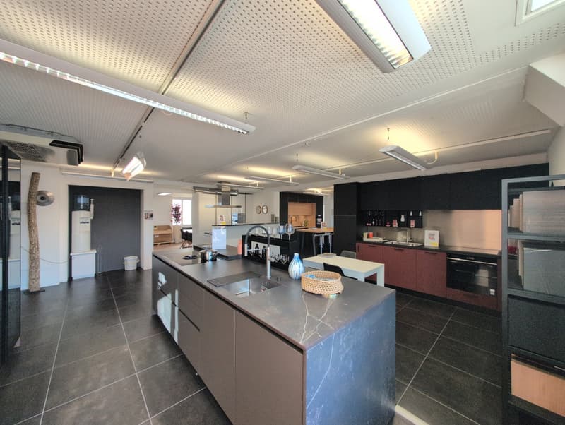 open kitchen, island, granite countertop, modern cabinets, appliances, tiled floor