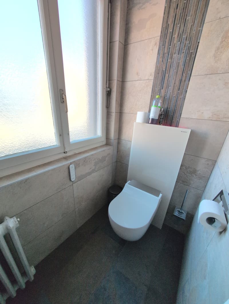 modern bathroom with white tiles, a window, a toilet, toilet paper, a toilet brush, a radiator, and a remote control
