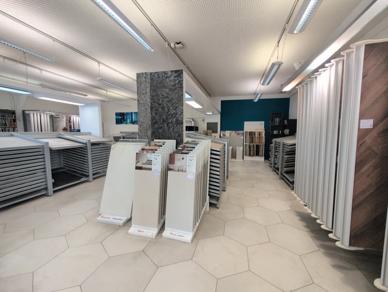 industrial tile showroom, various tile samples displayed on hexagon tiles, metal shelves, modern ceiling lights