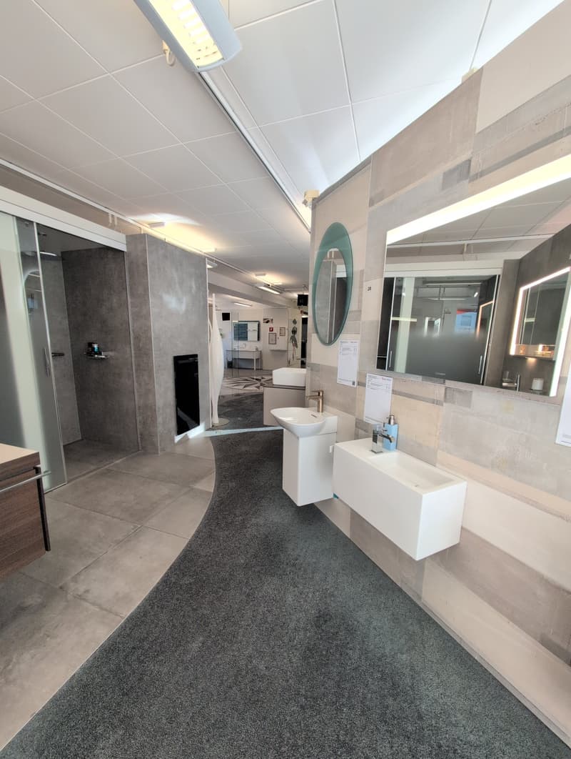 Bathroom, with a shower, wall mounted sinks, mirrors, floor and wall tiles, ceiling and underfloor lighting, wood cupboards
