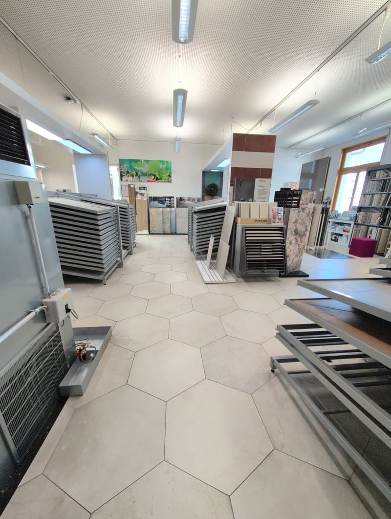 hexagonal floor tiles, metal display racks, shelves with various items, window with natural light, industrial style ceiling with lights