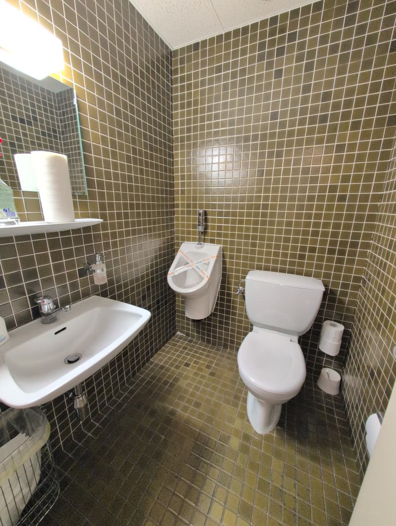 Compact bathroom with a sink, toilet, and urinal. Green tile walls and floor.