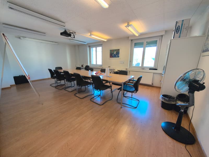 Meeting room with long wooden table, black chairs, whiteboard, fan, 2 trash bins, windows