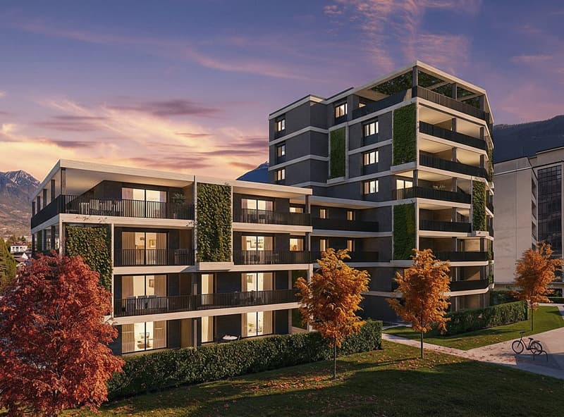 Modern multi-story residential building, balconies, green walls, surrounding greenery, bicycles parked