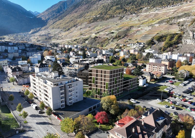 Cityscape with multiple buildings, surrounded by mountains, parking lot, green roofs, terraced fields.