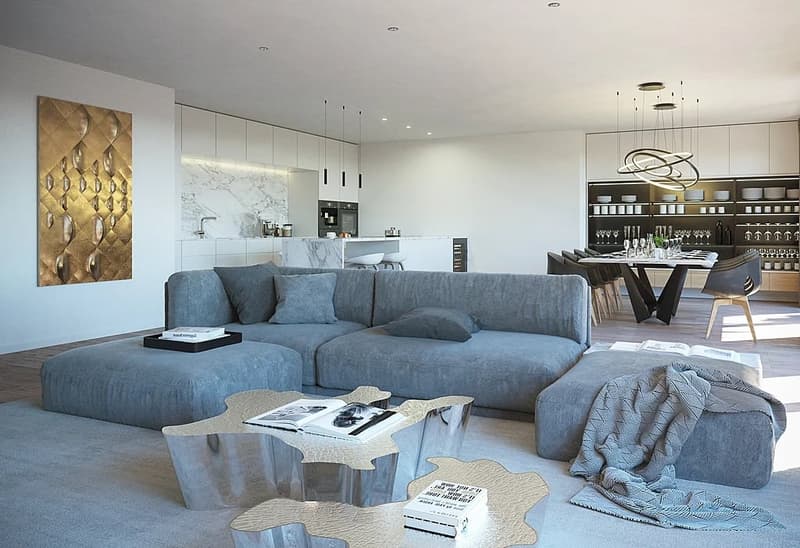 modern interior, U-shaped sofa, modern table, decorative lighting, kitchen island, dining table, decorative wall art