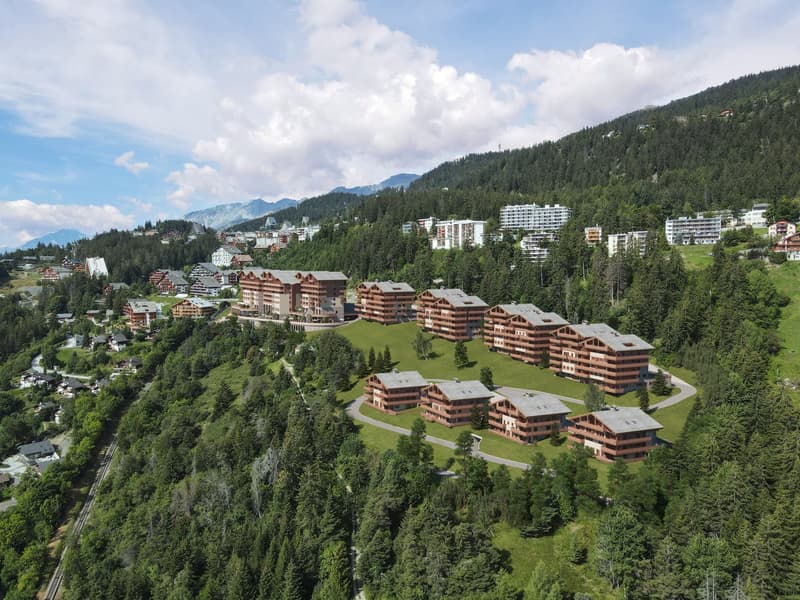 Complex of residential buildings set on a hillside, surrounded by trees, with mountains in the background