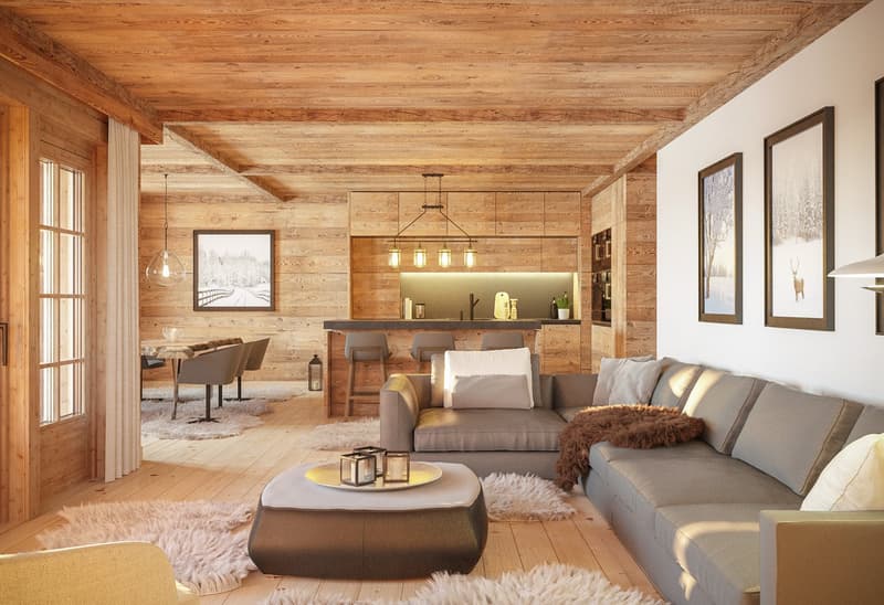 wooden wall, wooden floor, gray sofa, rug, coffee table, counter, bar stool, carpet, picture frame, ceiling lamp, chandelier, table, chair, side table