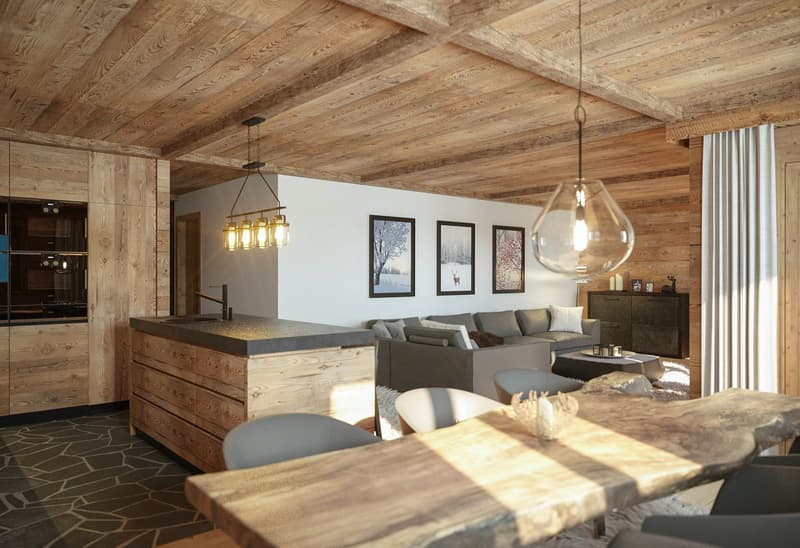 open-plan layout with living and dining areas, wooden interior, wooden floor, gas fireplace