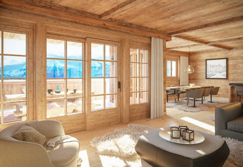 wooden interior, glass door, glass windows, dining table with chairs, white rugs, soft chairs and sofa