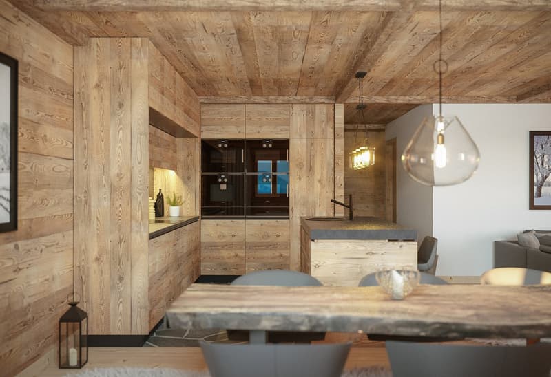 wooden wall paneling, modern design, stone counter top, wine cellar, glass pendant lights, gray chairs