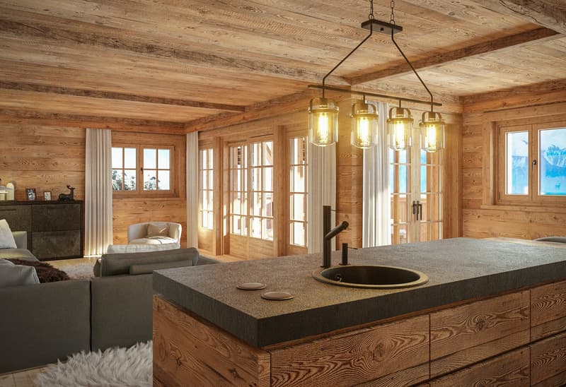 Contemporary rustic kitchen, granite countertop, pendant lighting, wooden cabinets, modern sink, double-door wardrobe, sofa, armchair, carpet, wooden flooring, large windows, wooden paneling, white curtains