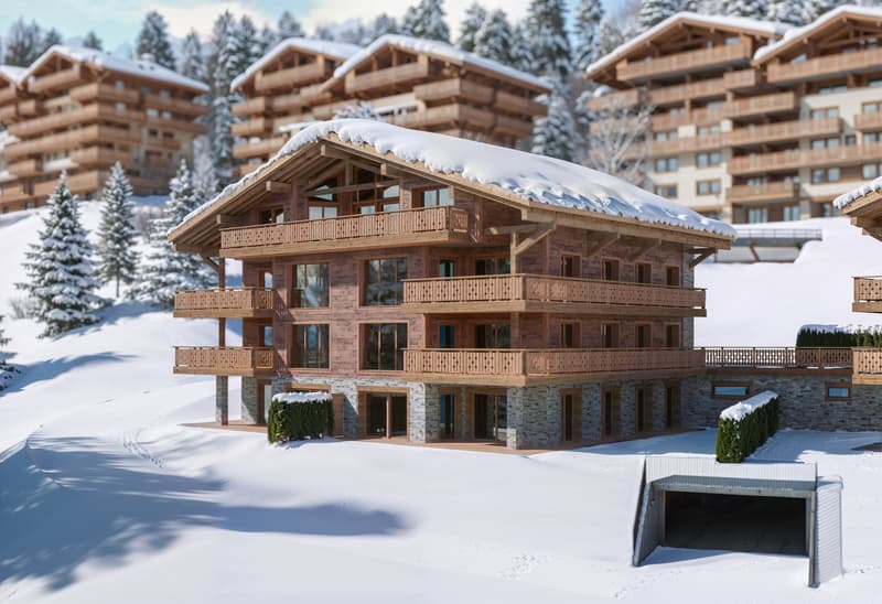 3 story wooden chalet, snowy roof, multiple balconies, covered driveway