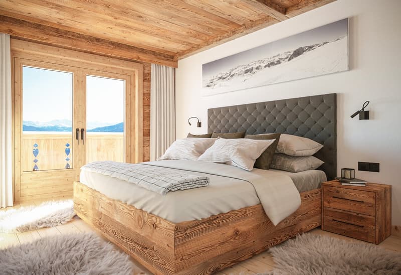 wooden bed, wooden side tables, wooden wardrobe, large window, wall mounted lamps, fluffy carpets