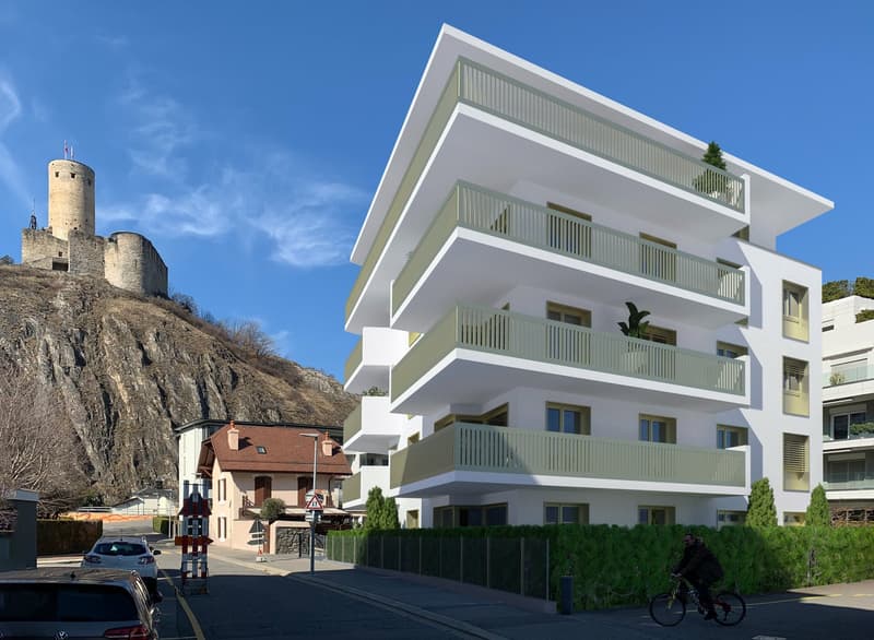 Modern apartment building, white exterior, multiple balconies, several floors, greenery