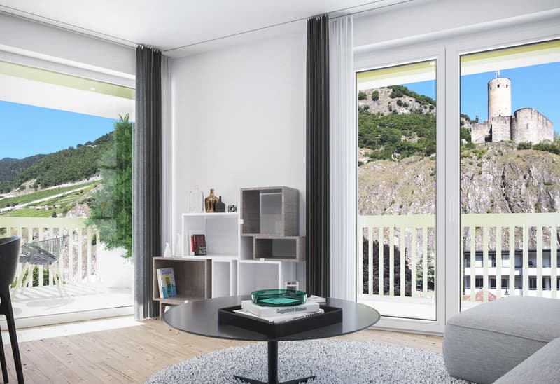 open plan living room, modern decor, large windows, wooden floor, round coffee table, white walls, balcony with railings, large glass doors, books and glass bowl on the table