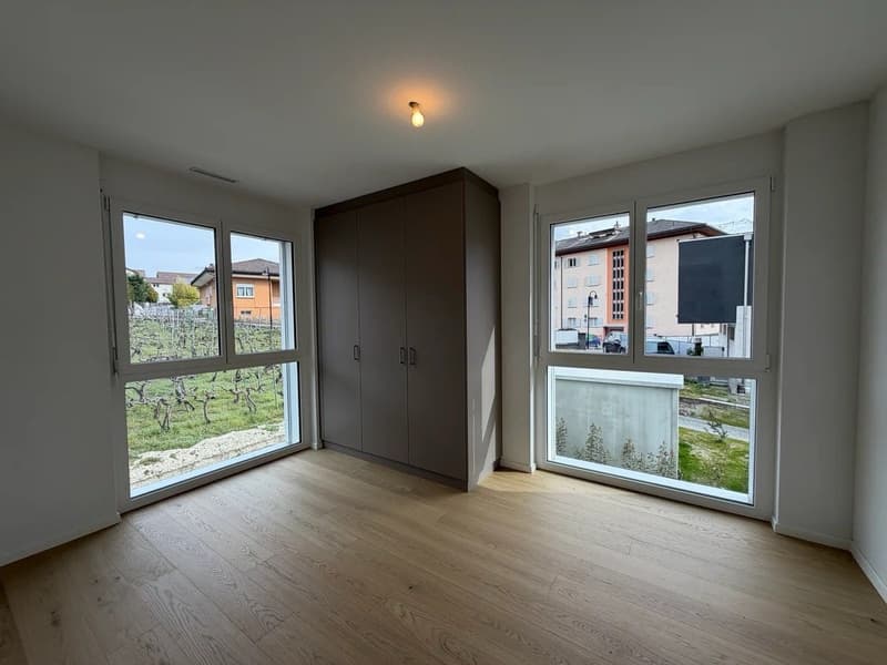 empty room, wooden floor, large windows, tall wardrobe, bright light