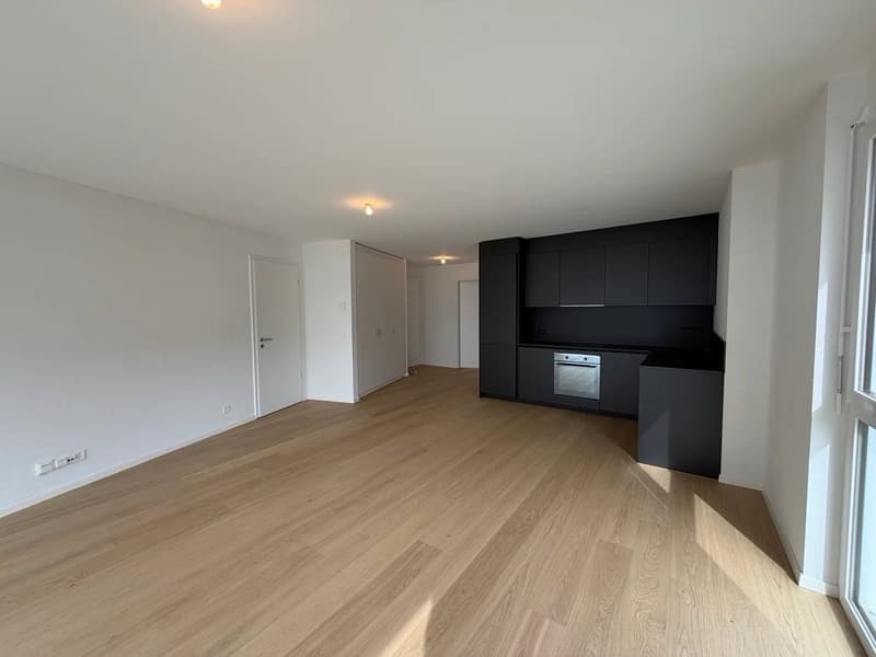 empty room, wooden floor, white walls, black cabinets, kitchen area with oven