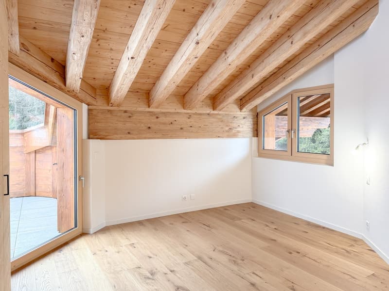 modern room, wooden ceiling, wooden floor, sliding glass door, windows, balcony