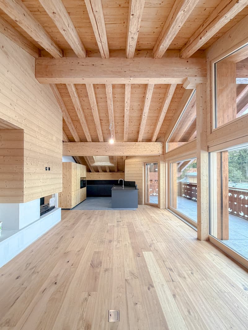 open space with wooden ceiling and walls, fireplace, kitchen island with sink and faucet, glass doors, wooden floor