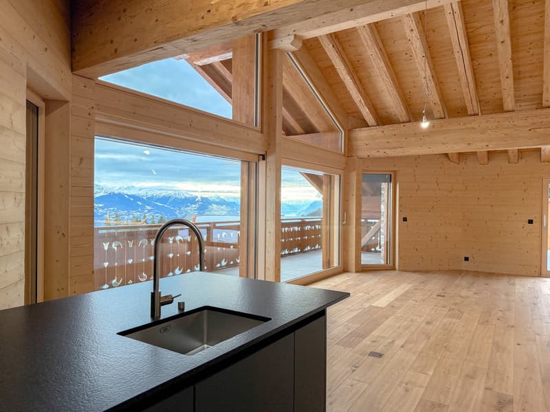 kitchen with wooden ceiling, large windows, balcony with railing, sink with faucet, wooden floor