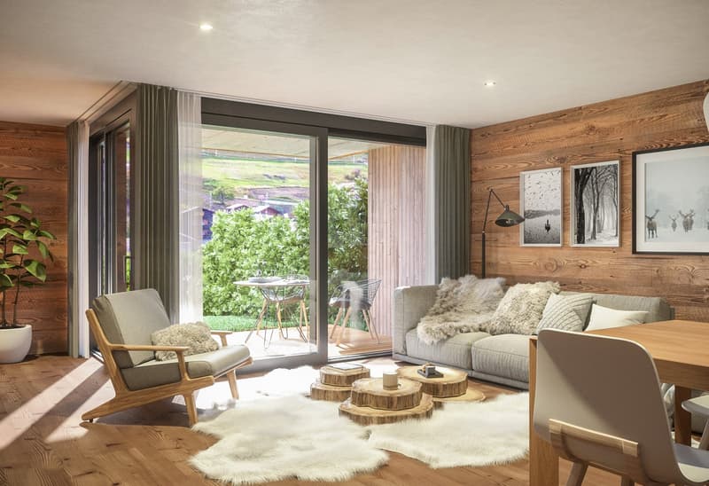 Living room with wooden wall, sliding glass door, wooden table, chairs, sofa, lamps, potted plant, sheepskin rug