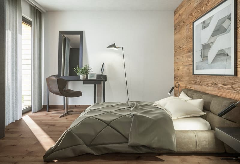 modern bedroom with bed, desk, chair, lamp, mirror, curtain, picture, plant, window