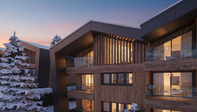 wood exterior, modern design, several floors, balconies with railings, windows with warm lighting