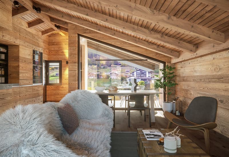 wooden interior, large windows with mountain view, table with chairs, sofa with furry cover, wooden armchair, potted plant, side table with magazines and vases