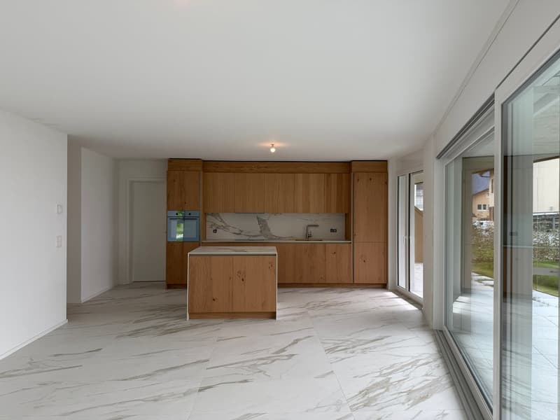 modern kitchen, wooden cabinets, marble countertop, large windows, white marble flooring