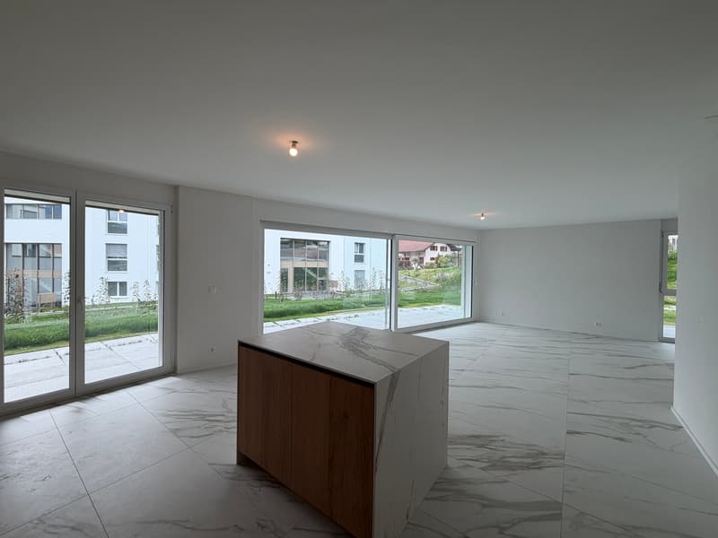 empty room, large windows, balcony, marble floor, wooden cabinet