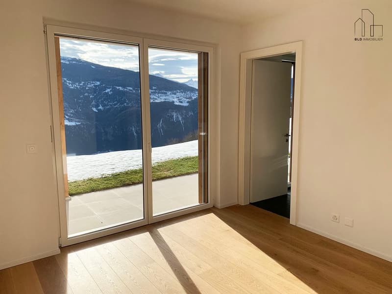 empty room, large sliding glass doors, wooden floor, white walls, power outlets, view of snowy mountains